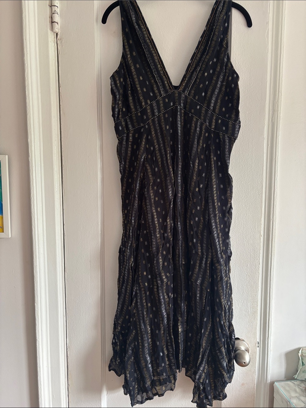 Anthropologie Black Dress with Gold Stripe Maxi US size 8